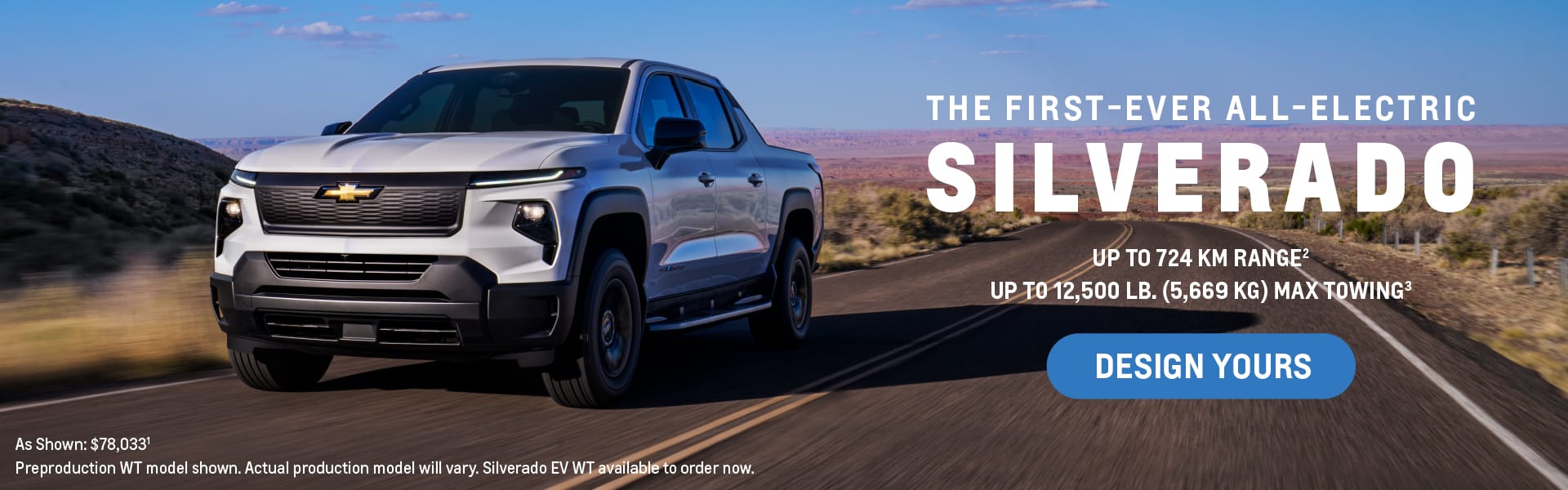All-electric Silverado truck on a desert road, highlighting 724 km range and 12,500 lb towing capacity.