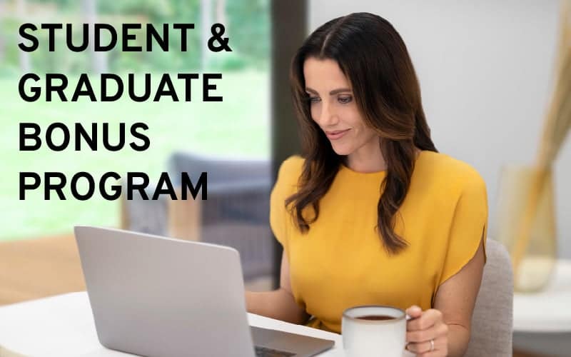 Woman in a yellow top using a laptop, text reads "Student & Graduate Bonus Program."
