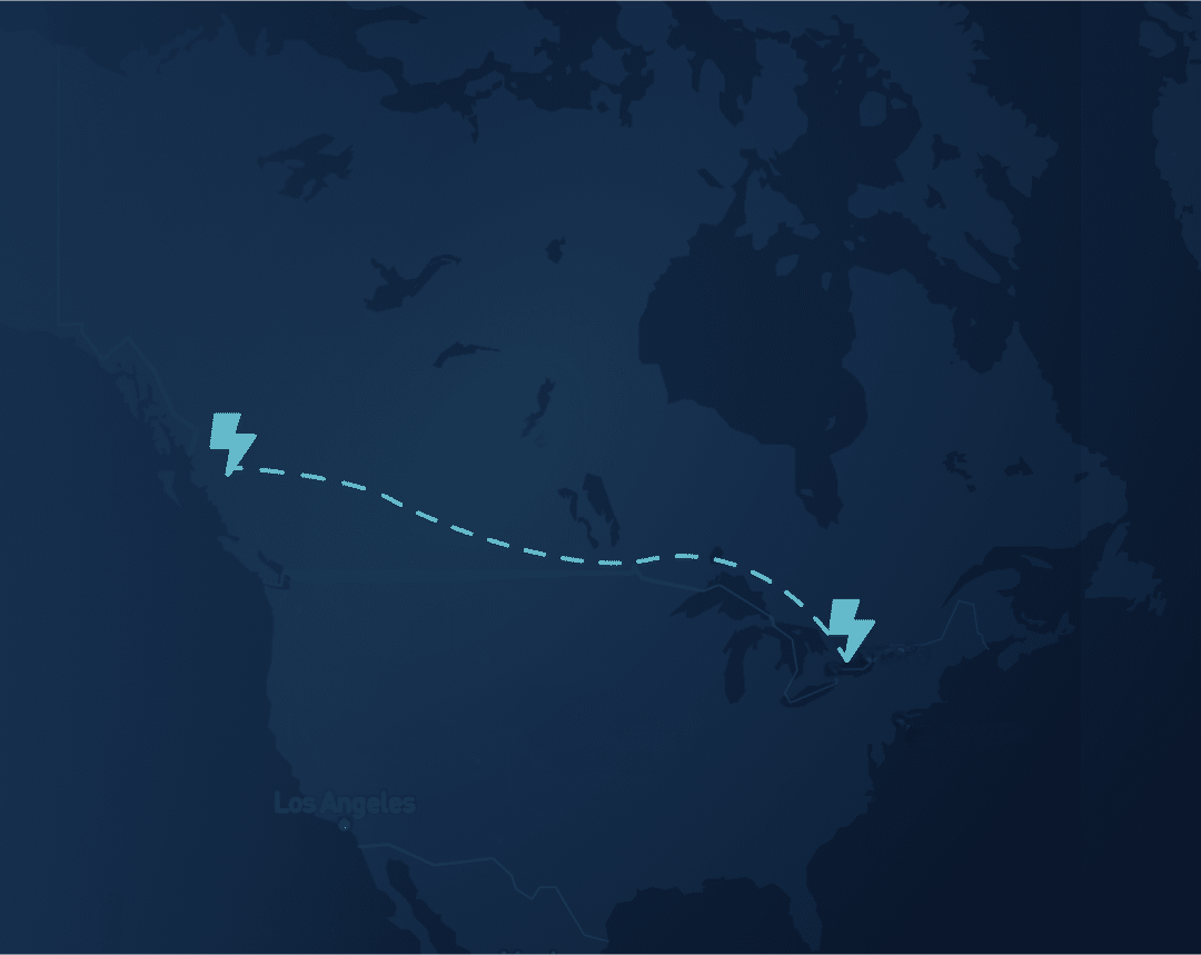 Map illustrating a dashed line route across North America with lightning bolt icons at both ends.