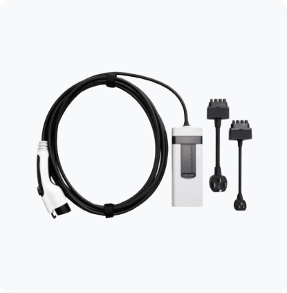 Electric vehicle charging cable set with adapters on a white background.