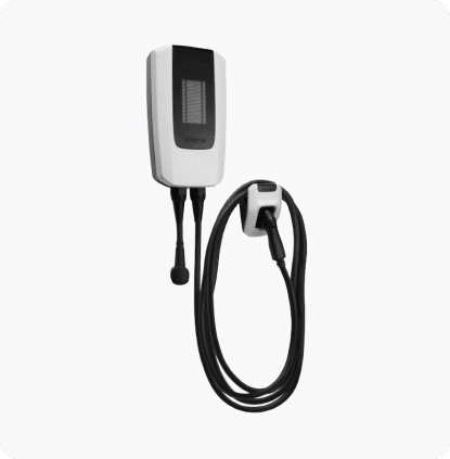 Electric vehicle charging station with a coiled black cable and connector.